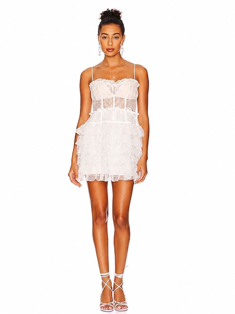 NWT For Love & Lemons Jules White Lace Ruffled Mini Dress Size Small